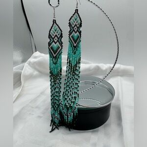 Bead earrings, handcrafted multi strand, 8” long, white, black, teal & green new